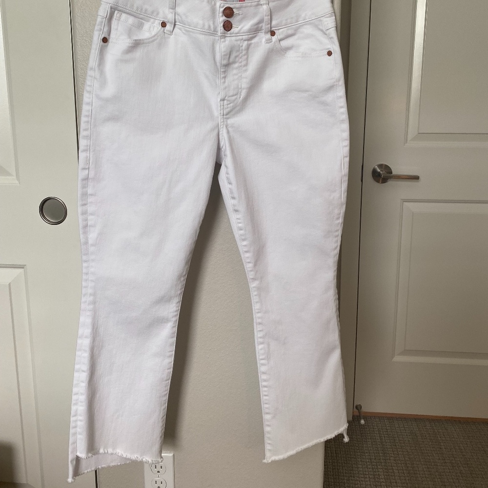 CAbi Hi/Low crop white denim jean, size 8